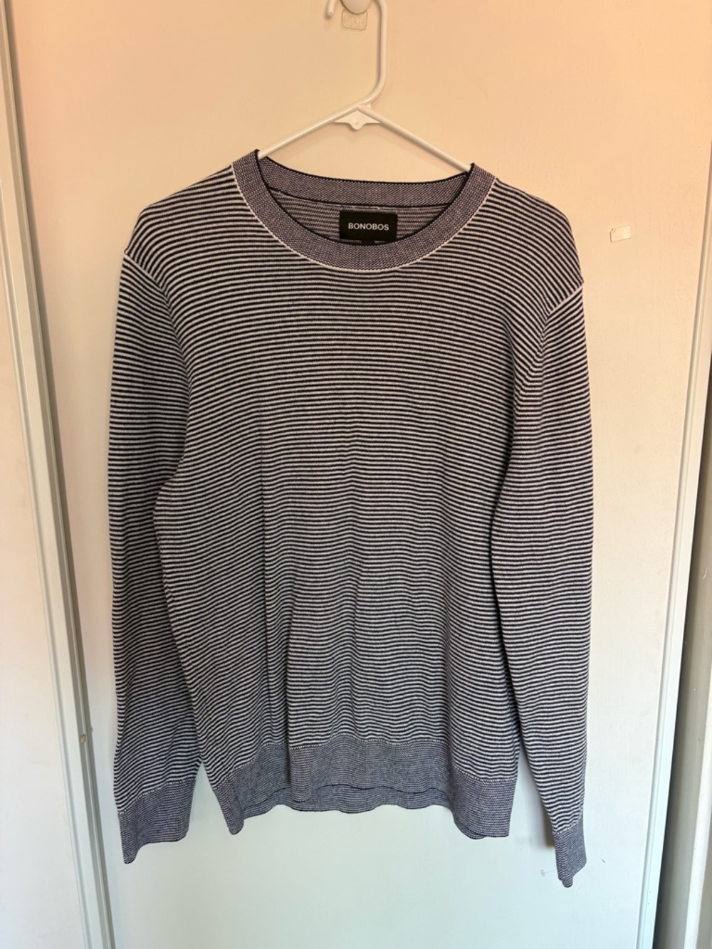 Bonobos Sweater Mens M Blue White Stripe Crewneck Lightweight Knit Long‎ Sleeve